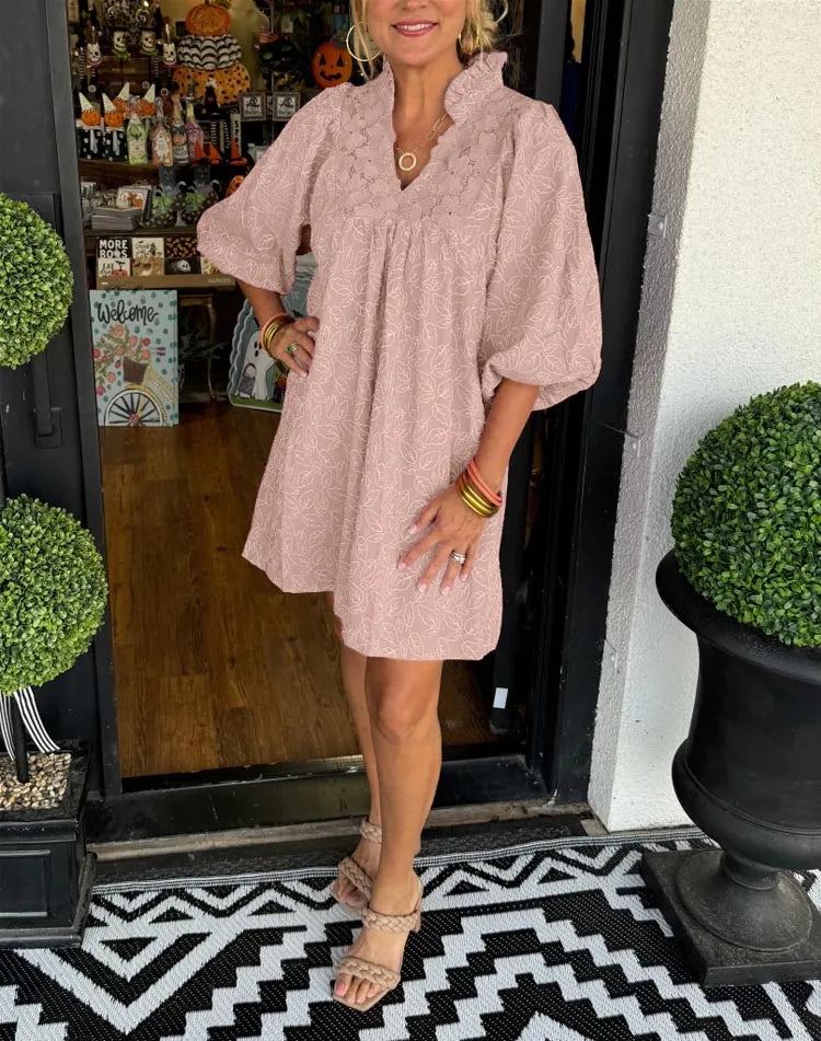 Dorte™ |Short Jacquard Dress with Puff Sleeves
