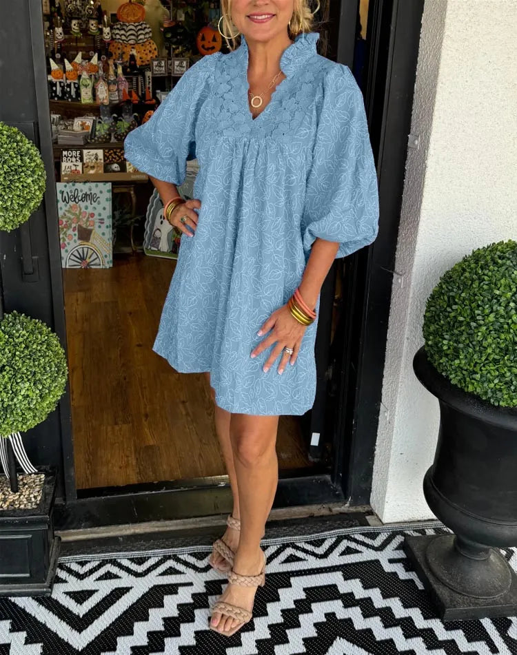 Dorte™ |Short Jacquard Dress with Puff Sleeves