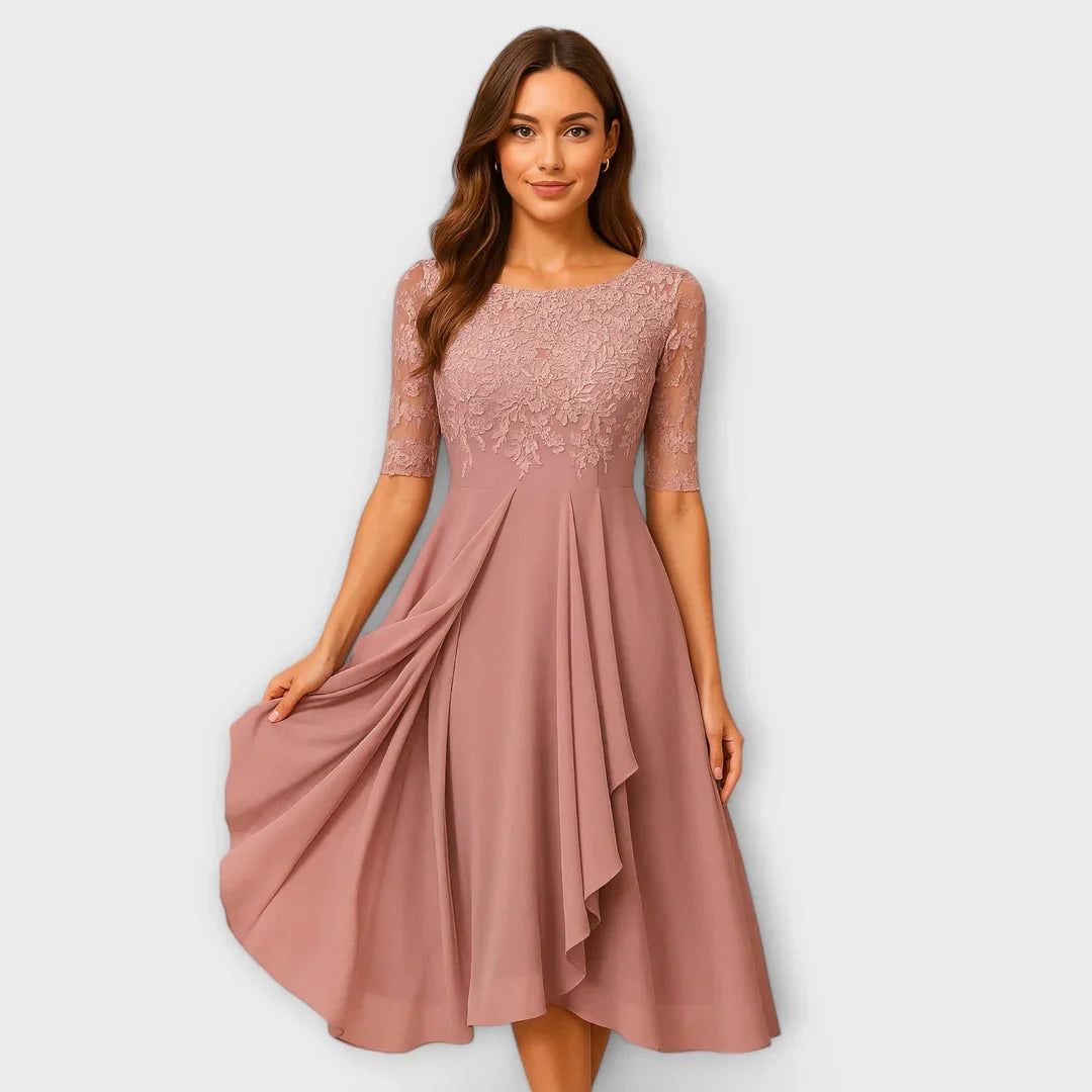 Jacinthe – Robe midi élégante à manches en dentelle