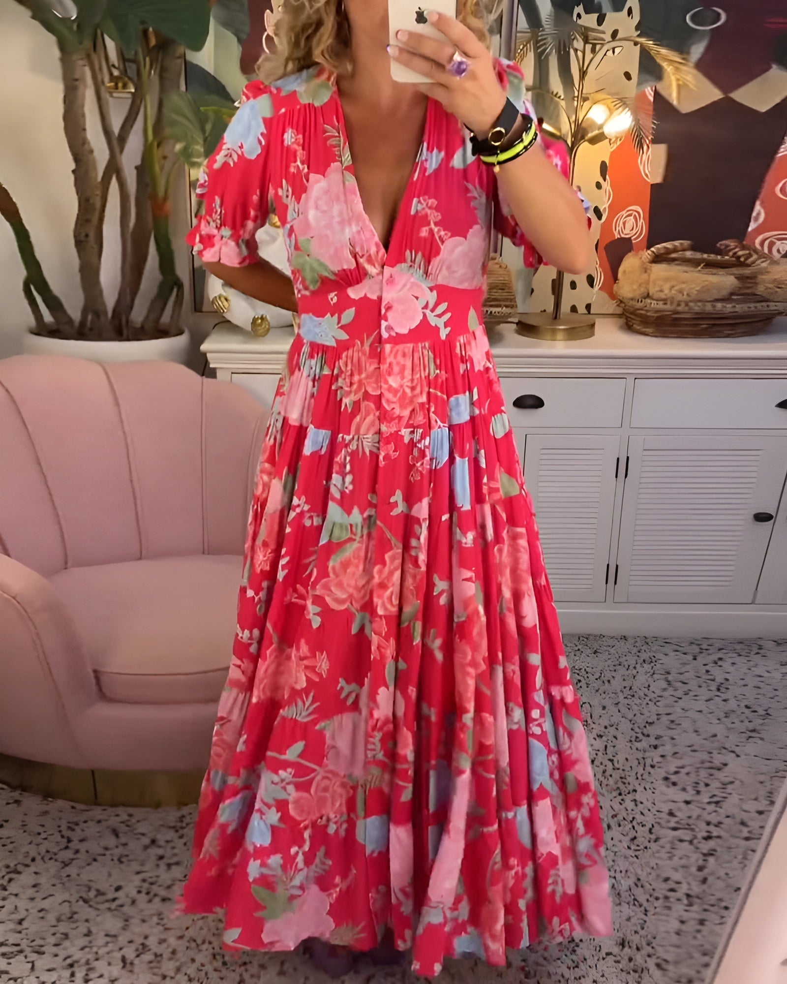 Freya™ | Kjole med lommer og V-hals i blomsterprint