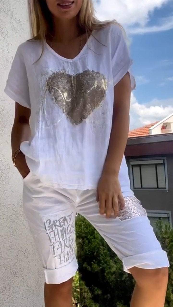 Dorte™ | Casual Two-Piece V-Neck Set with Gold Embossed