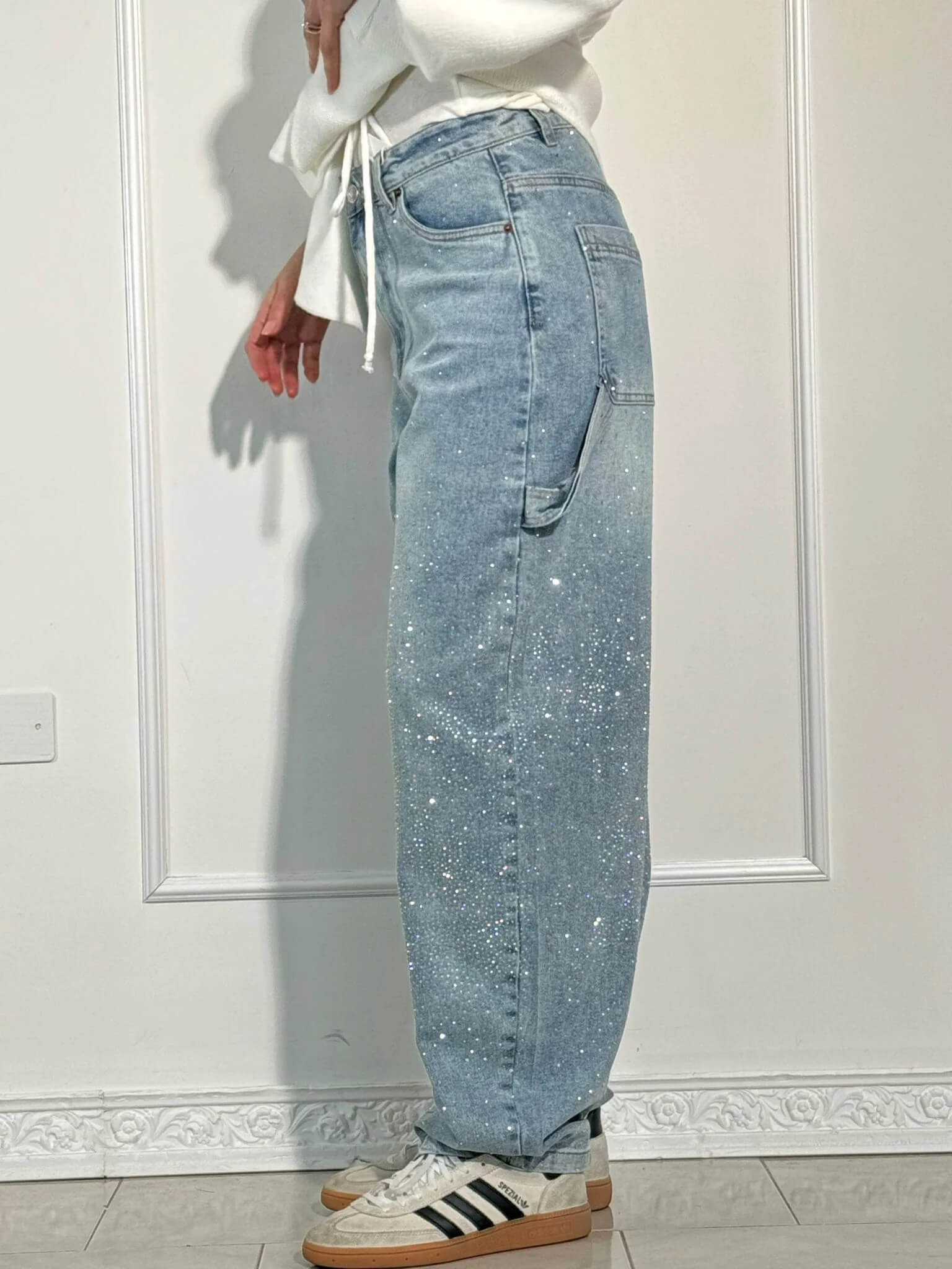 Rosaline - Jeans carpenter à paillettes et taille ajustée
