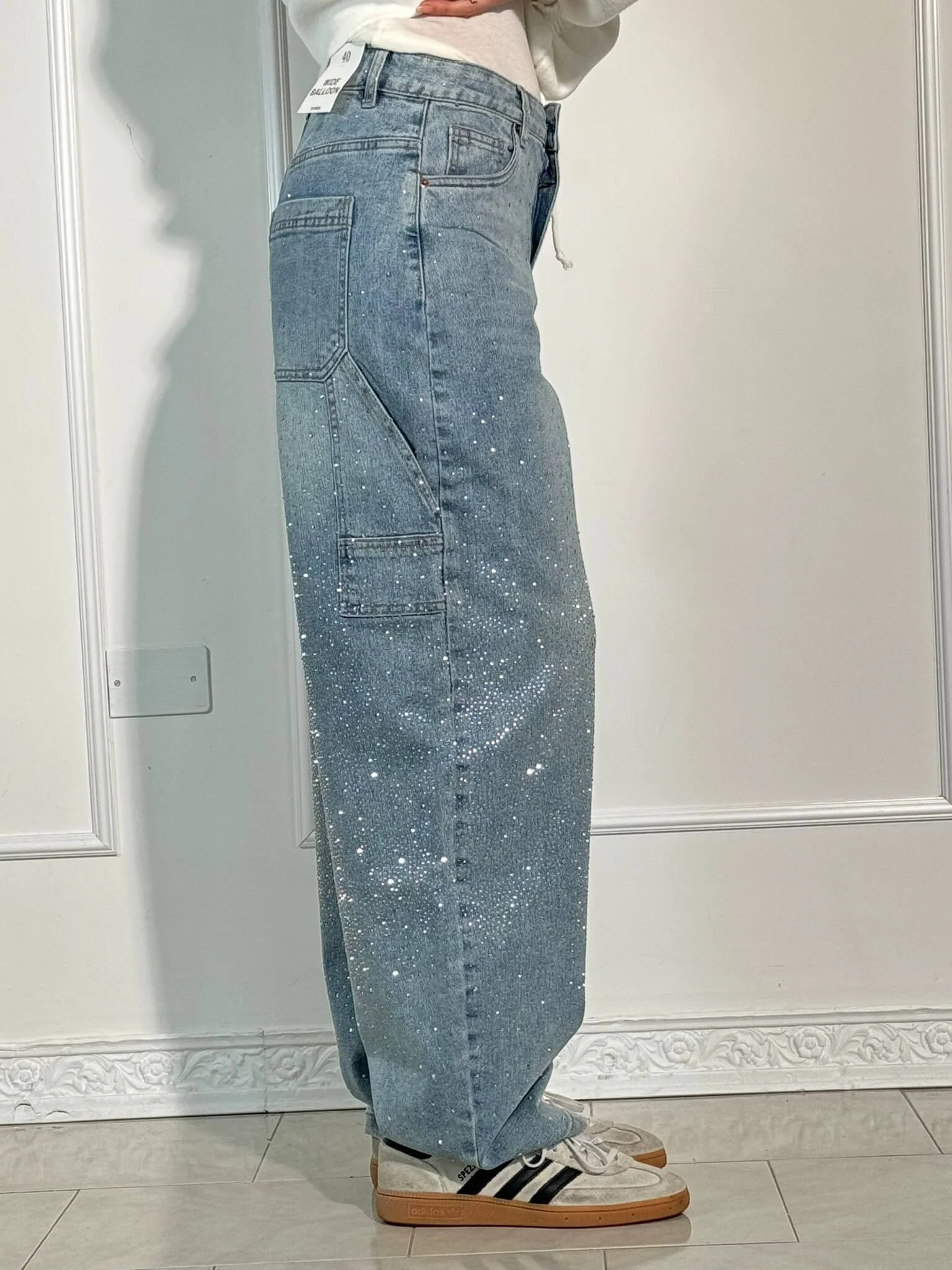 Rosaline - Jeans carpenter à paillettes et taille ajustée
