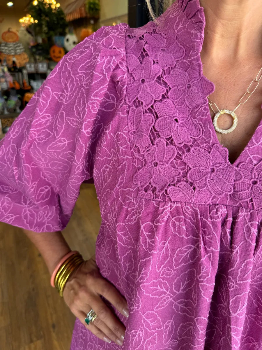 Dorte™ |Short Jacquard Dress with Puff Sleeves