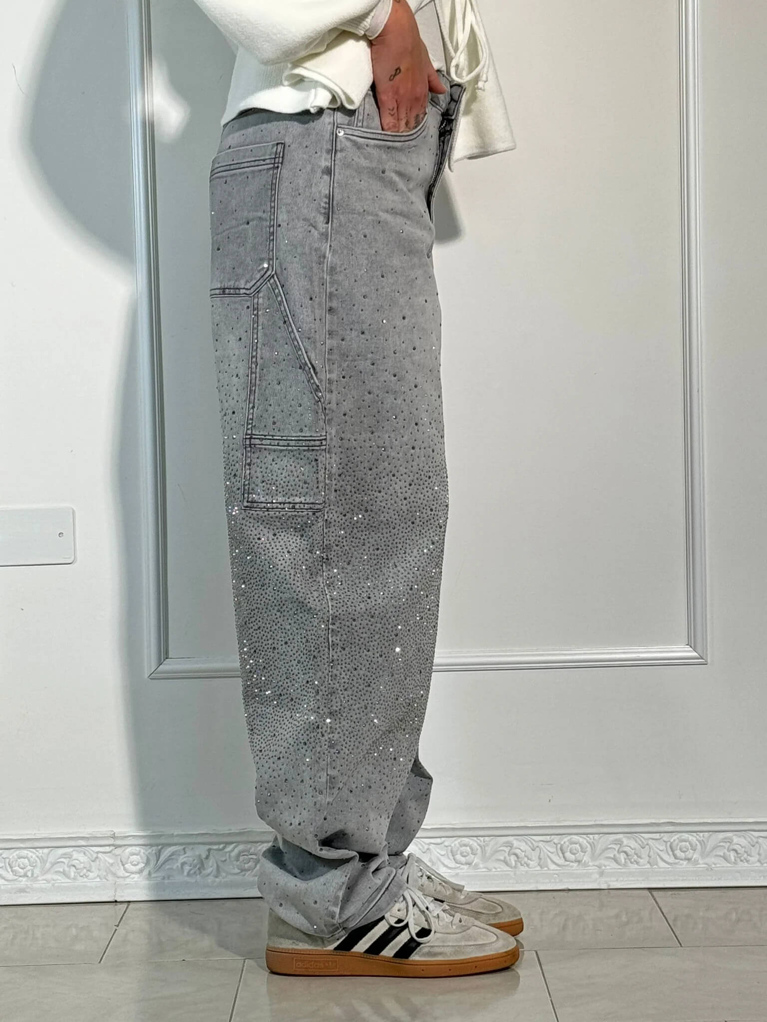 Rosaline - Jeans carpenter à paillettes et taille ajustée