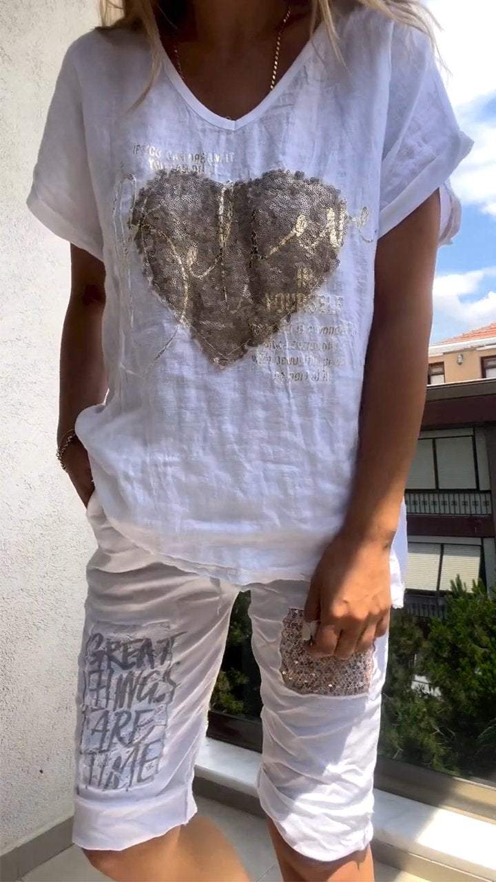 Dorte™ | Casual Two-Piece V-Neck Set with Gold Embossed