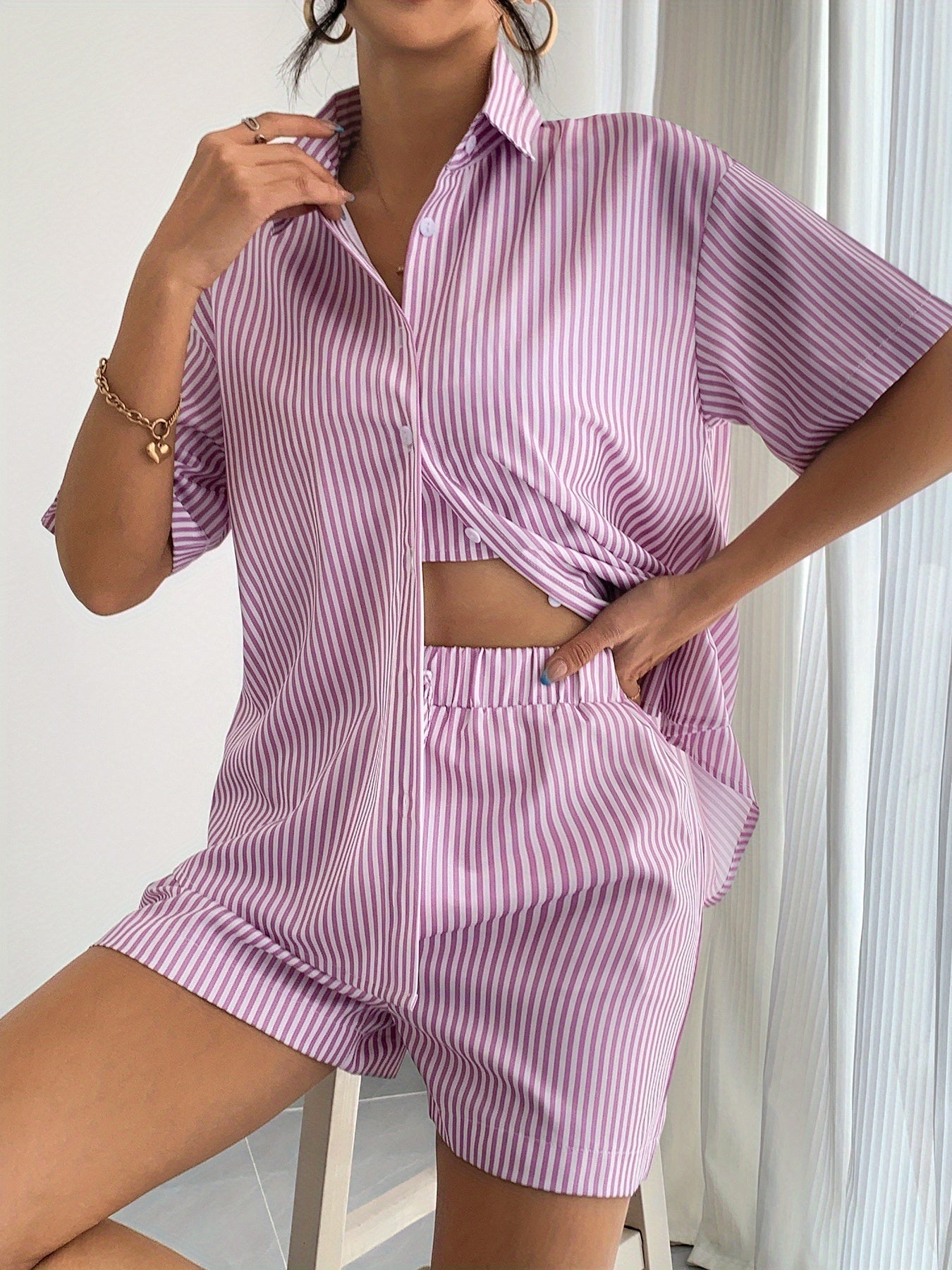 Freya™ | Stripete 3-delt Sommerset med Cami, Shorts og Skjorte