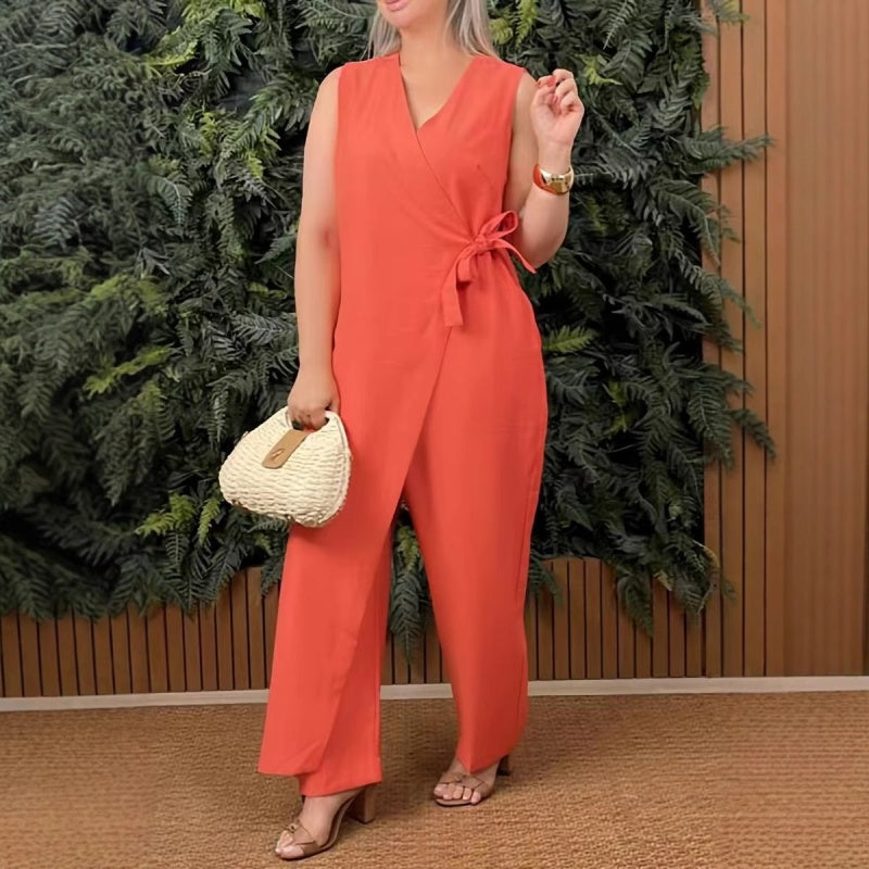 Dorte™ | Women's Solid V-Neck Casual Jumpsuit with Tie Belt