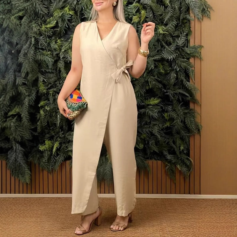 Dorte™ | Women's Solid V-Neck Casual Jumpsuit with Tie Belt