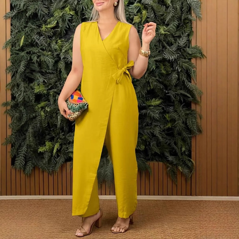 Dorte™ | Women's Solid V-Neck Casual Jumpsuit with Tie Belt