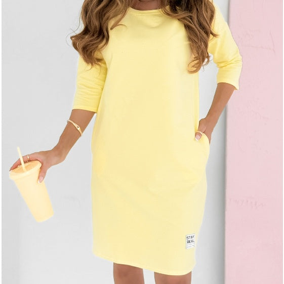 Dorte™ | Round Neck 3/4 Sleeve Dress with Pockets