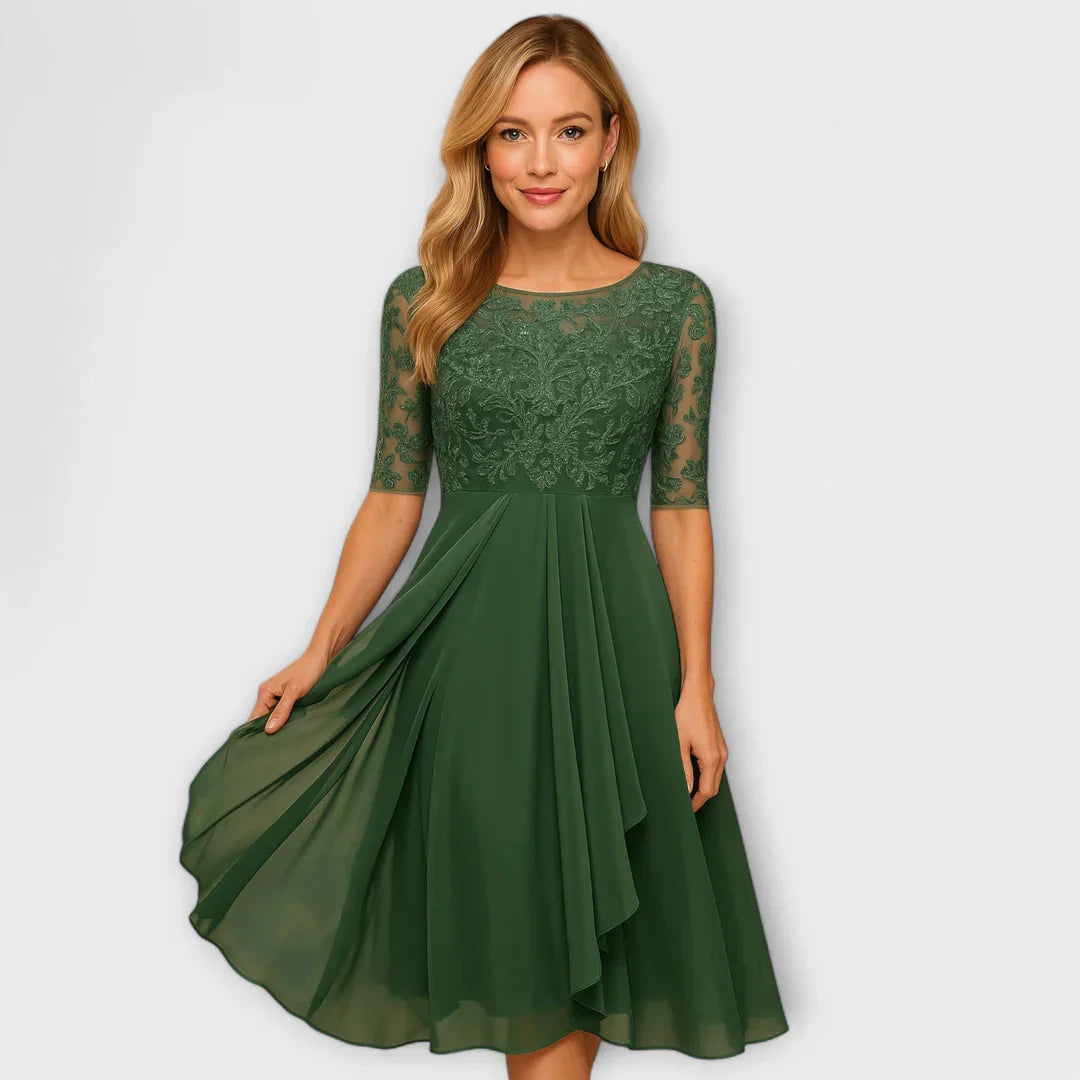 Jacinthe – Robe midi élégante à manches en dentelle