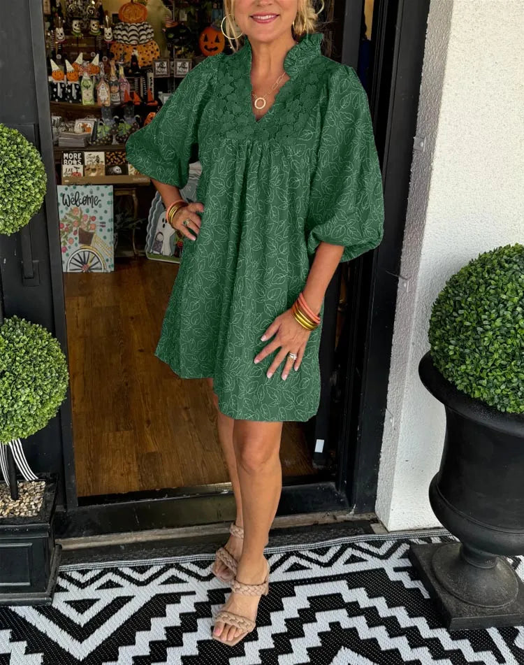 Dorte™ |Short Jacquard Dress with Puff Sleeves
