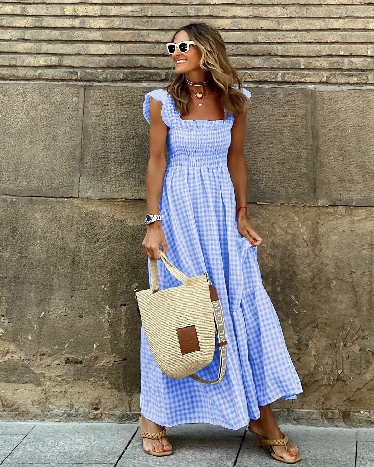 NANCY™ - Robe Smockée à Carreaux Chic Rétro