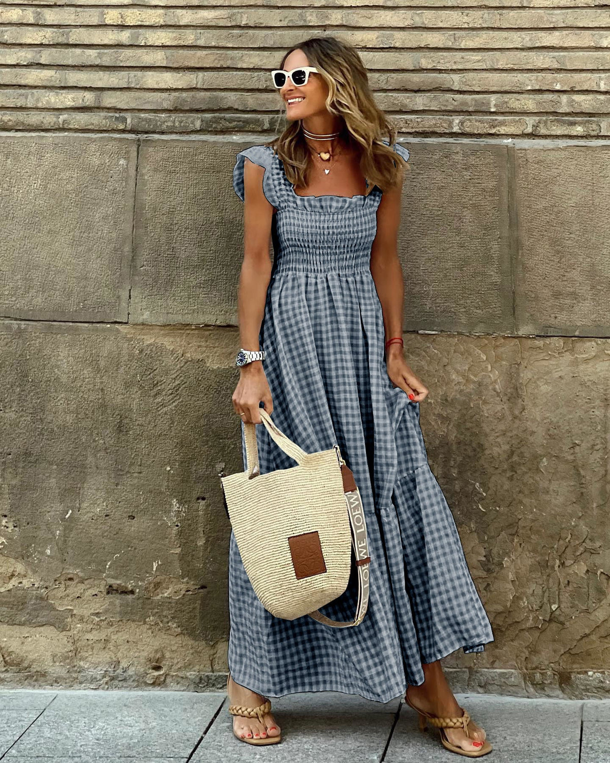 NANCY™ - Robe Smockée à Carreaux Chic Rétro