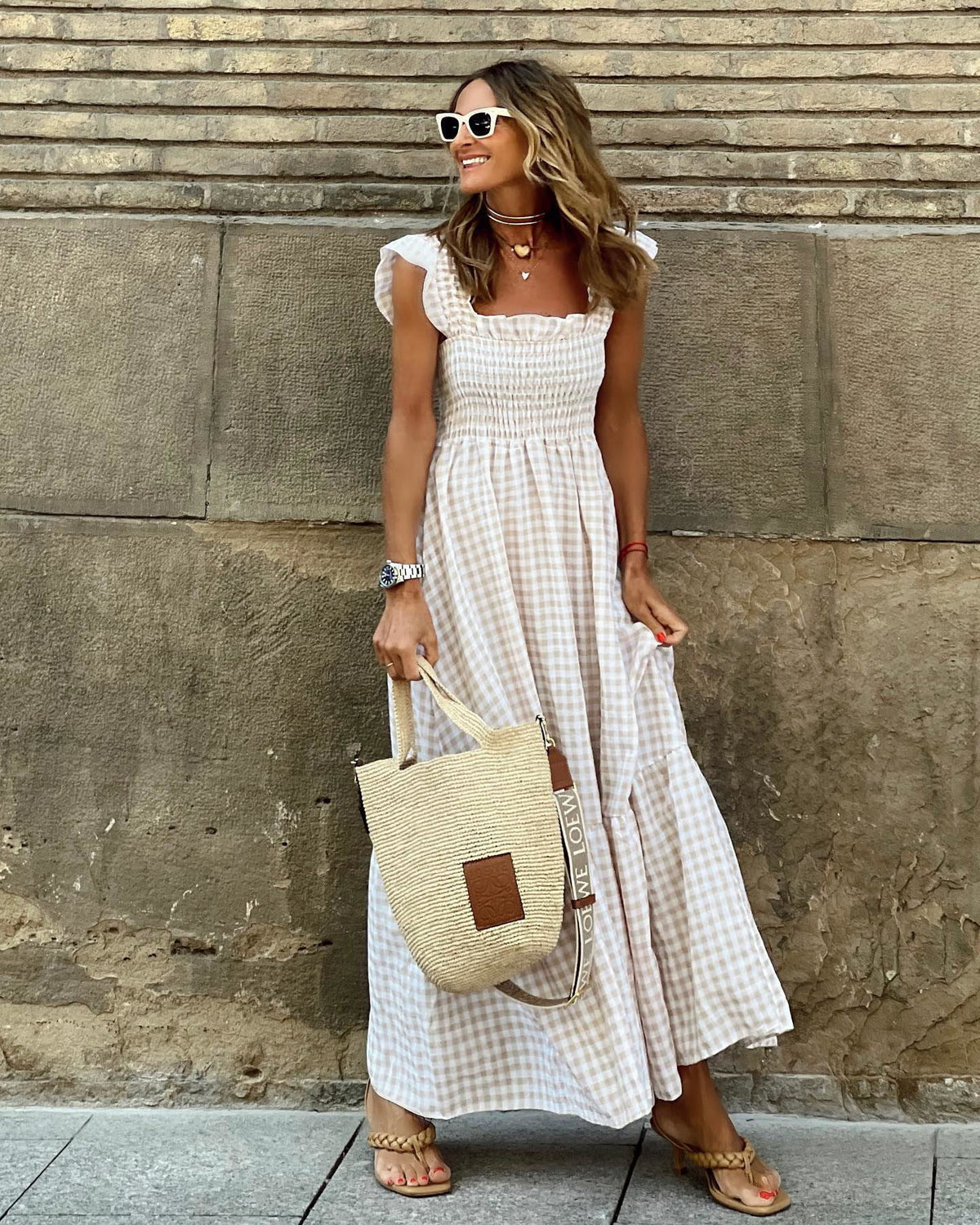 NANCY™ - Robe Smockée à Carreaux Chic Rétro