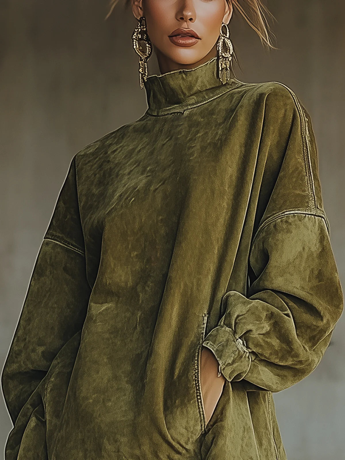 Amalia - Robe en daim avec col montant et franges