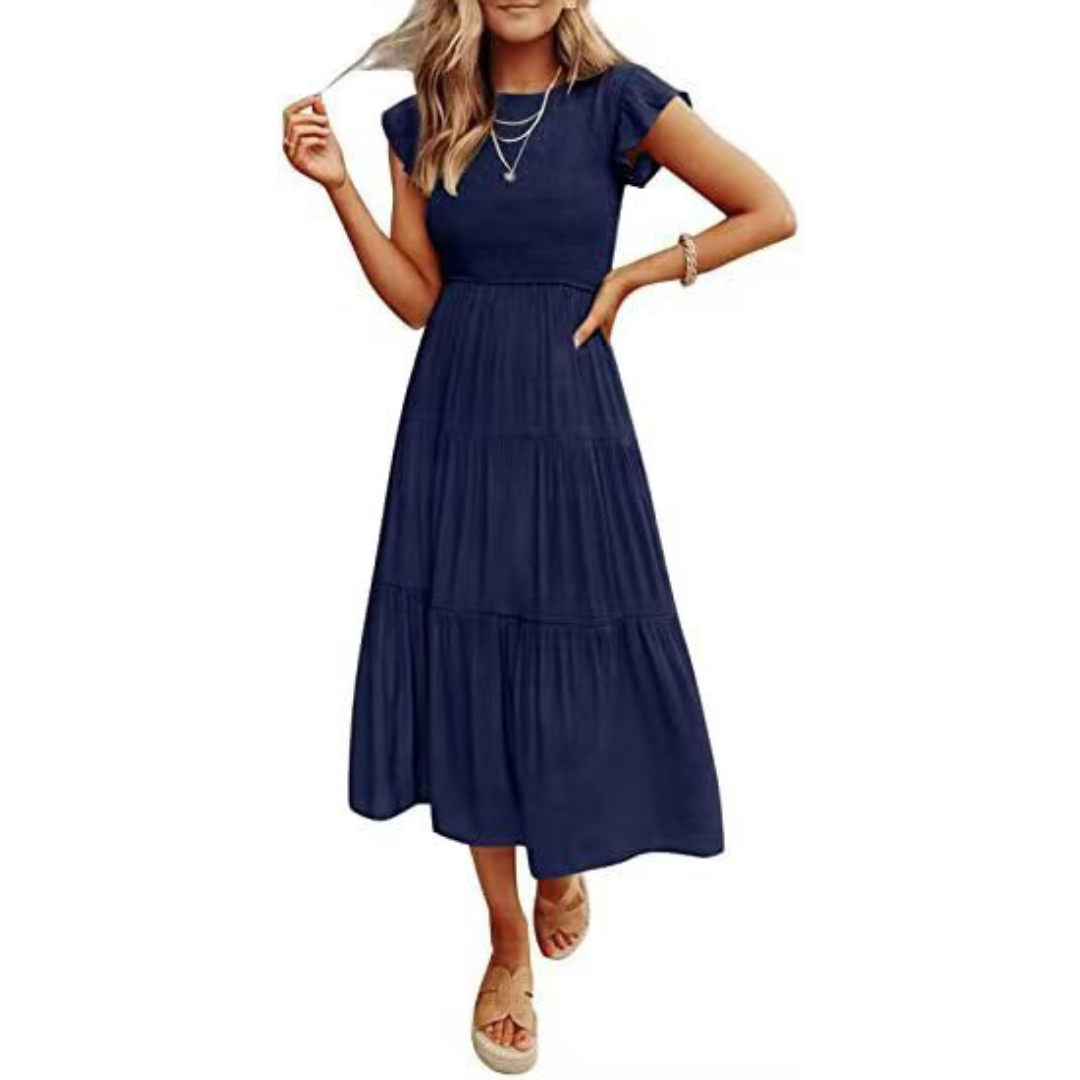 KRISELLE™ - Robe Midi Fumée à Manches Volantes Élégantes