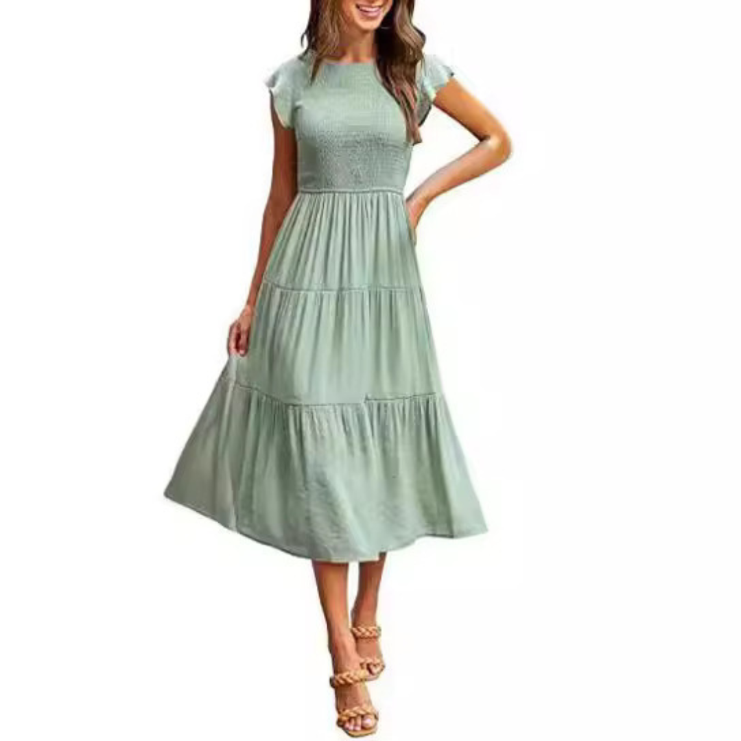 KRISELLE™ - Robe Midi Fumée à Manches Volantes Élégantes